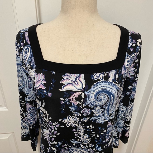 WHBM Paisley Shift Dress Black Blue Lilac White Mini Midi Knee Career Office Lrg - Picture 13 of 14